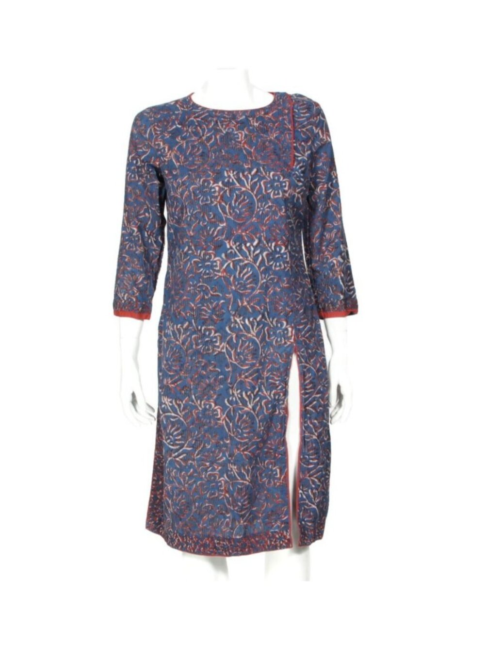 FABINDIA Blue Red Floral Block Print Dress Side Slit Long Sleeve Slim sz M /955